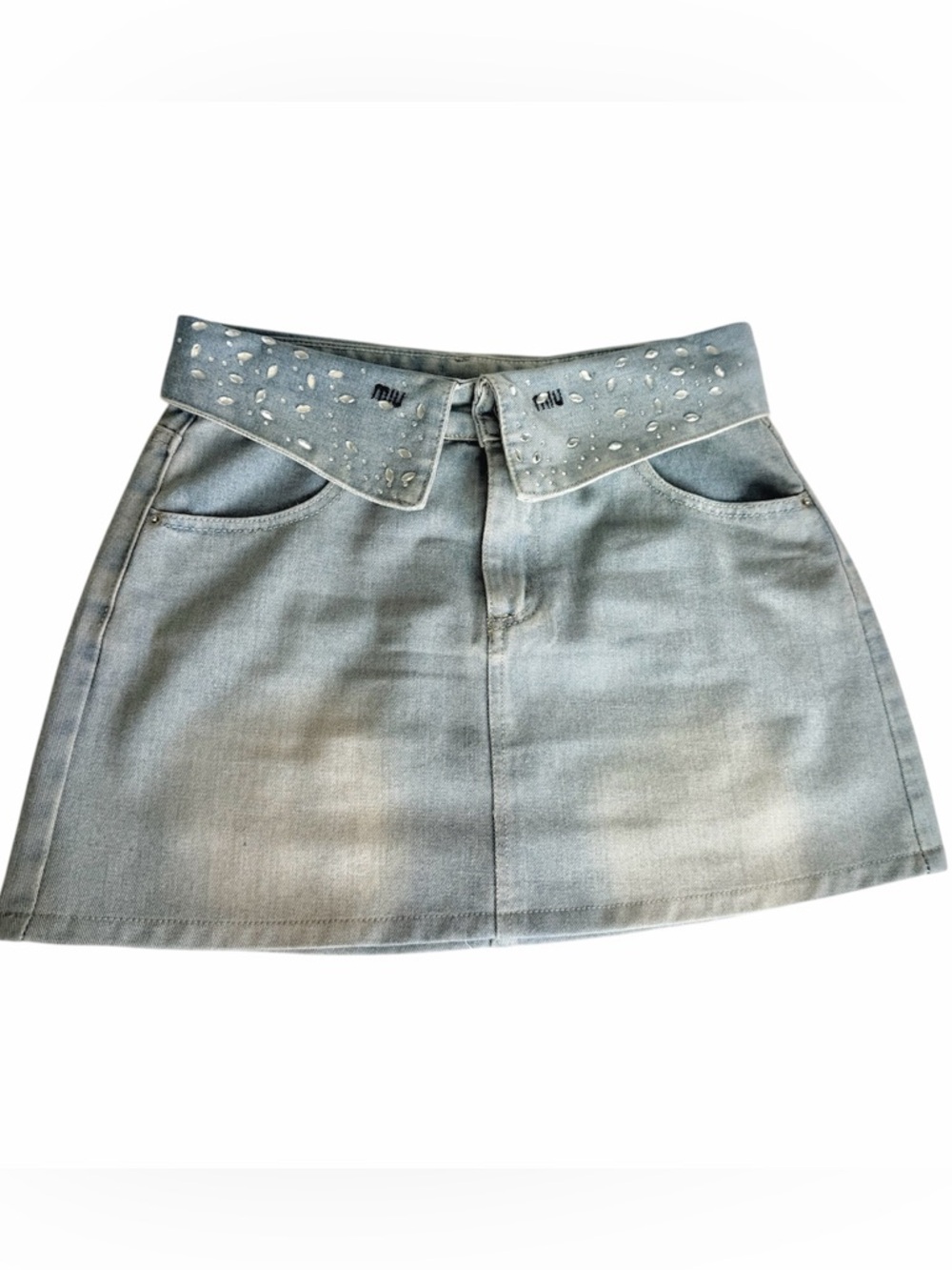 Y2K Denim Mini Skirt w/ Rhinestone Collar Detail | Low Rise | Like New